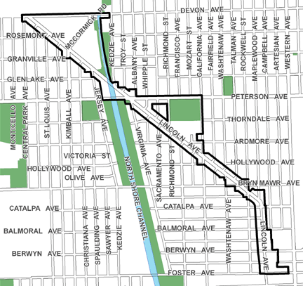 Lincoln Avenue TIF district, roughly bounded on the north by Devon Avenue, Foster Avenue on the south, Western Avenue on the east, and Central Park Avenue on the west.